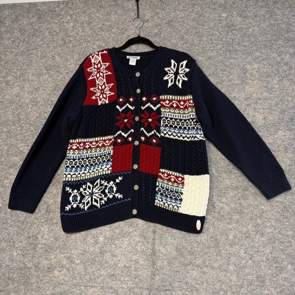 Northern Reflections Winter Holiday Knit Navy Red Fair Isle Cardigan Sweater XL - Picture 9 of 12